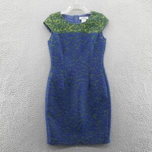 Max Mara‎ Womens Silk Blend Jacquard Sheath Dress 8 Blue Green Leaf Cap Sleeve